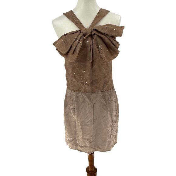 Sheri Bodell Womens M Brown Silk Bow Sequin Halter Dress, M - Picture 1 of 11